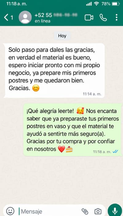 Conversación de una clienta que preparó sus primeros postres y quedó satisfecha