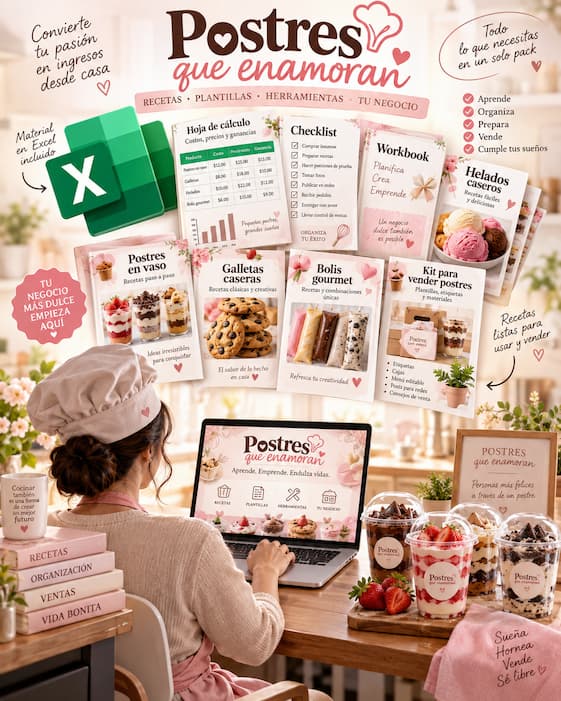 Portada del ebook Postres que Enamoran con sus recetas, plantillas y herramientas