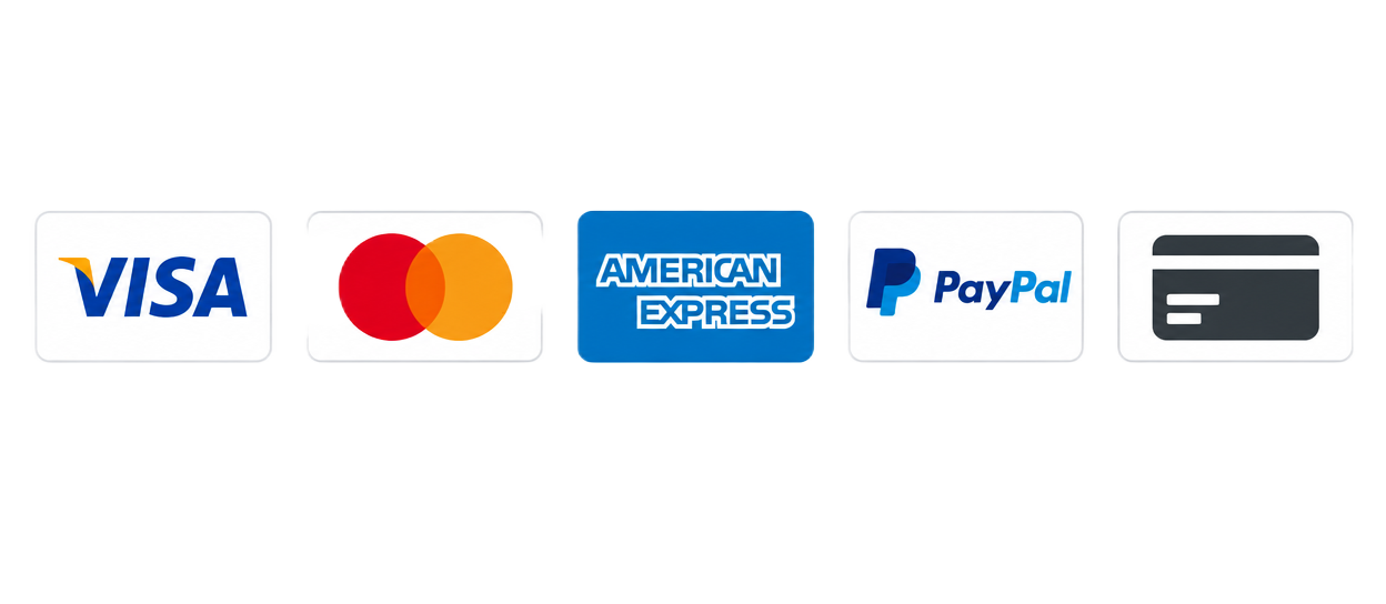 Métodos de pago aceptados: Visa, Mastercard, American Express, PayPal y tarjeta de crédito