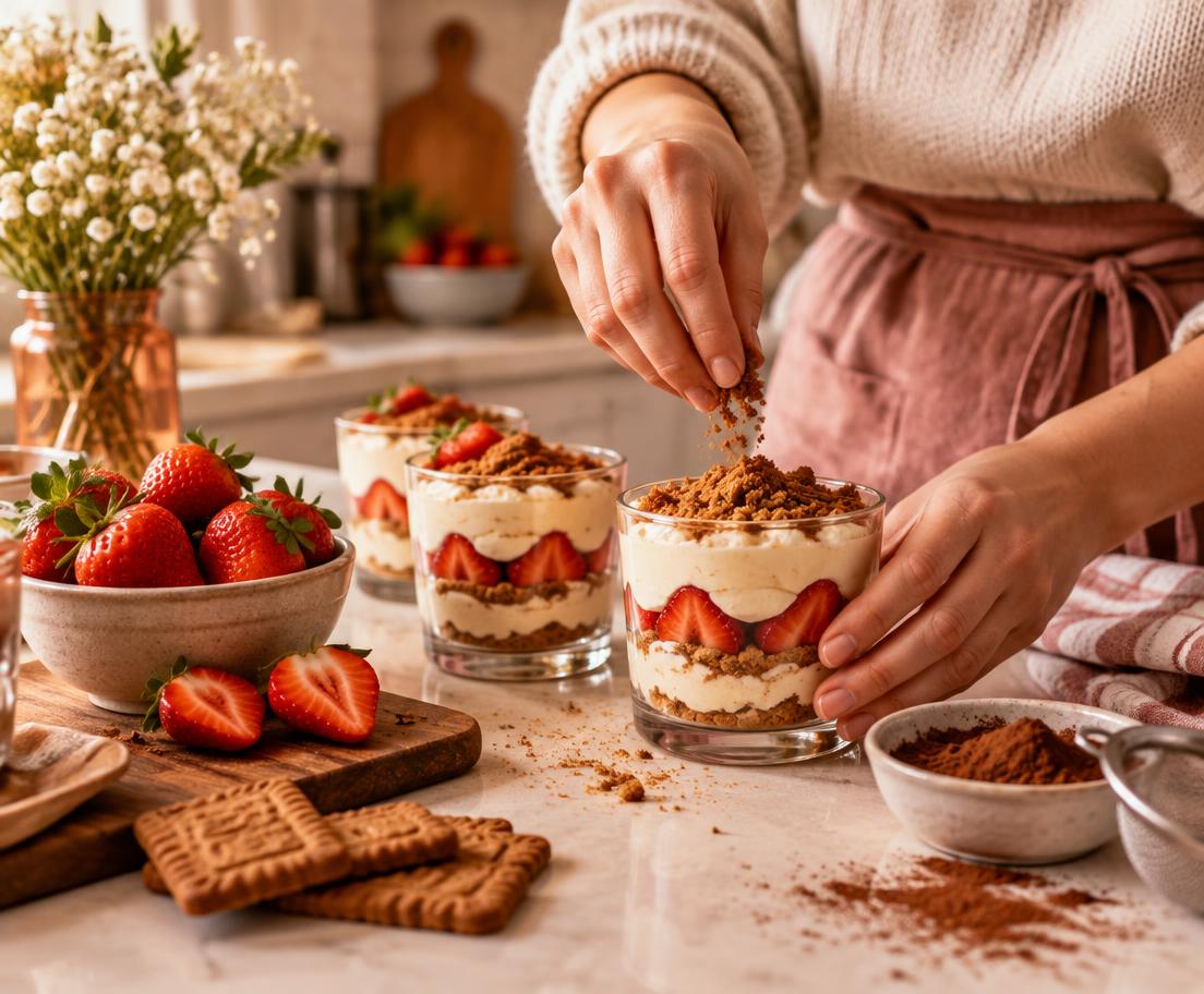 Preparación de postres en vaso con capas de crema, galleta y fresas